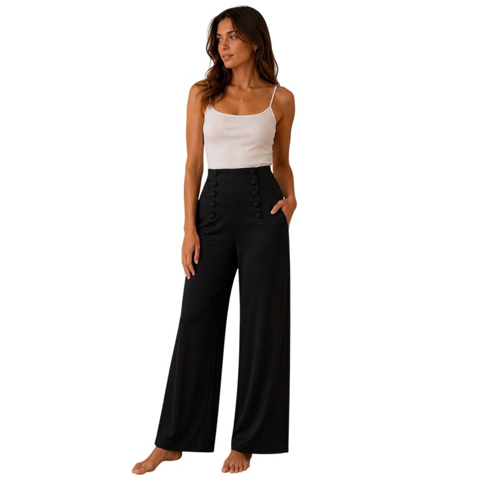 Nanette Lepore Black Satin Button Detail Dress Pants Size 2 Elegant Trousers